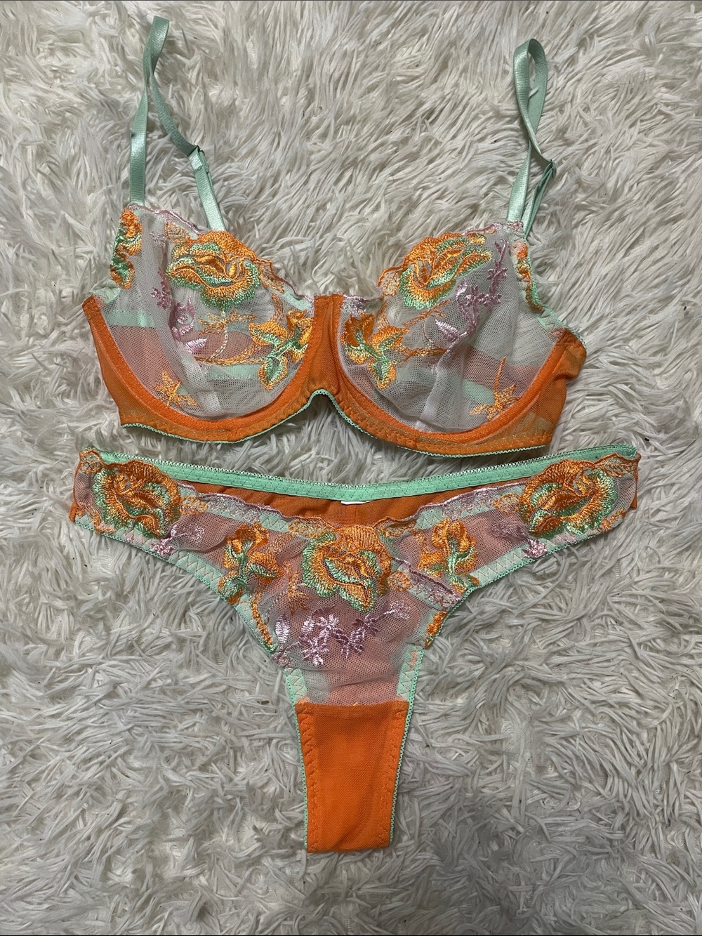 Embroidered Sheer Underwire Bra & Thong Set